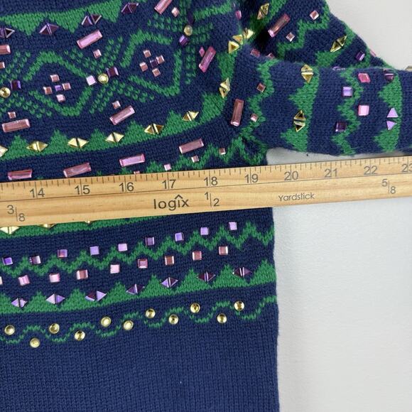 Talbots Jeweled Sweater Womens Large Petite Blue Fair Isle Crewneck Rhinestones - Picture 7 of 8